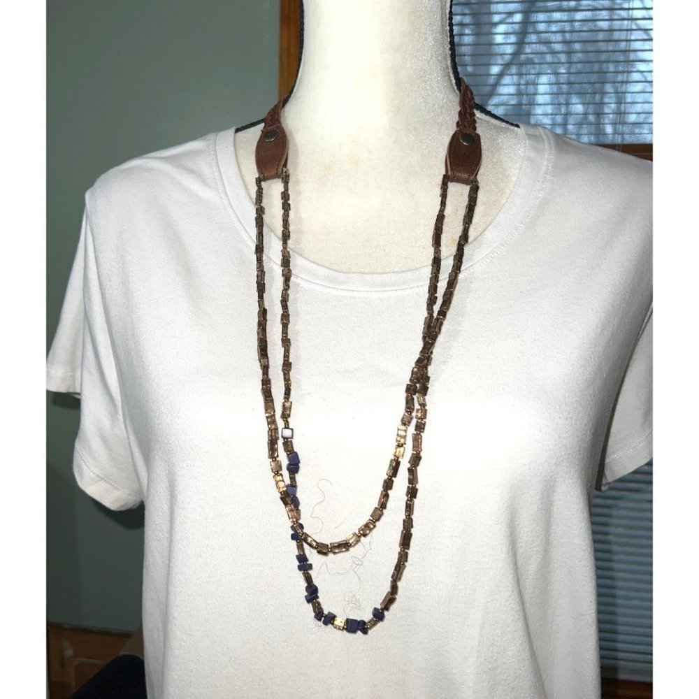 Leather And Lapis And Metal Necklace -- 32"